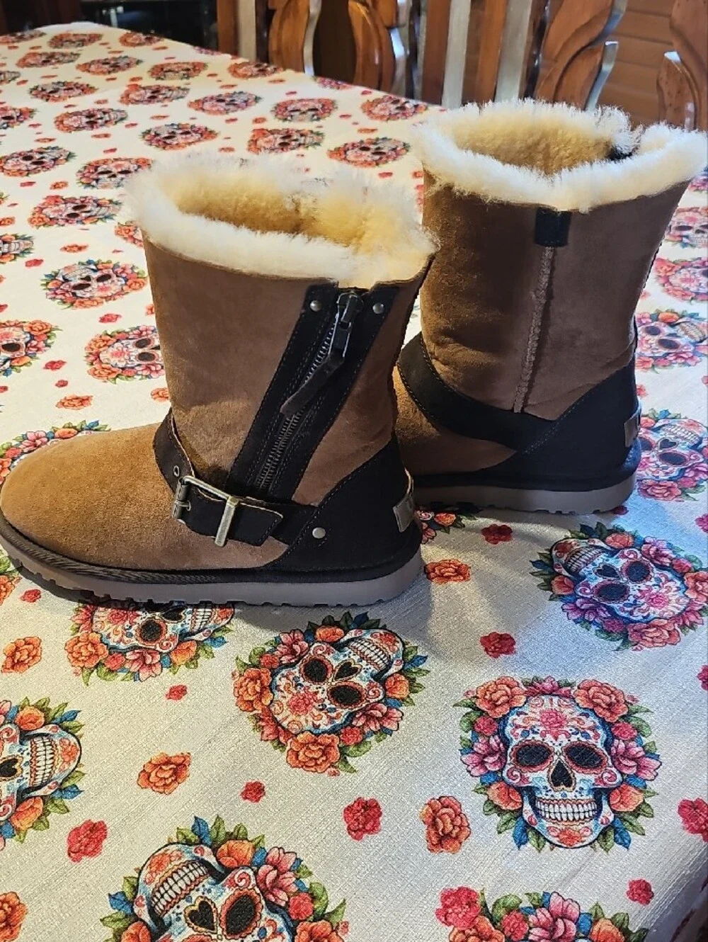 UGG Women's Chestnut Suede Shearling Boots with Black Strap
